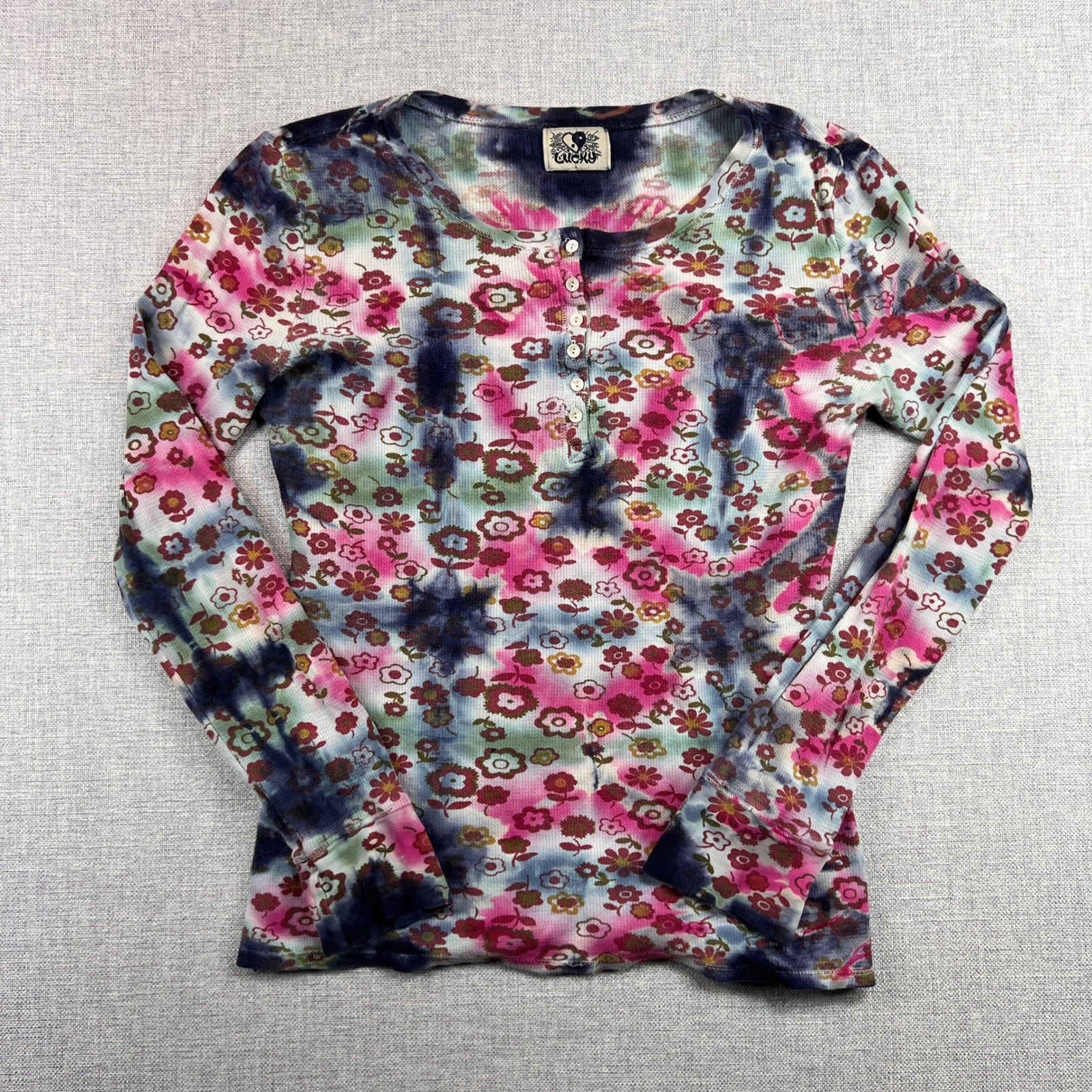 Vtg Y2k Lucky Brand Floral Thermal Henley Top Women Large Pink Blue Boho Usa